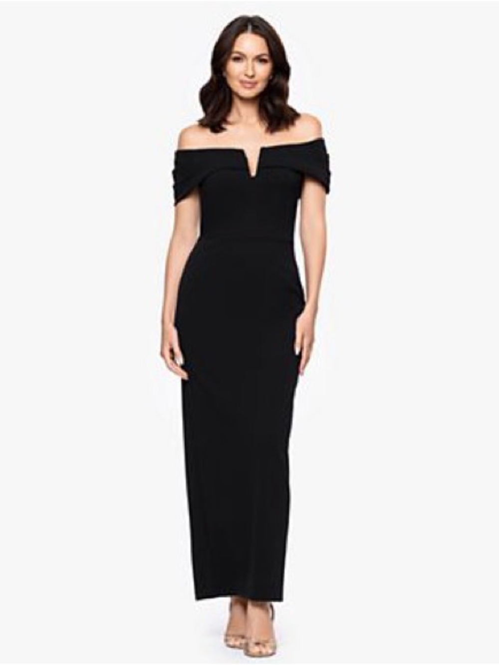 Betsy & Adam Emerald (Not Black) Off-Shoulder V-Notch Evening Gown